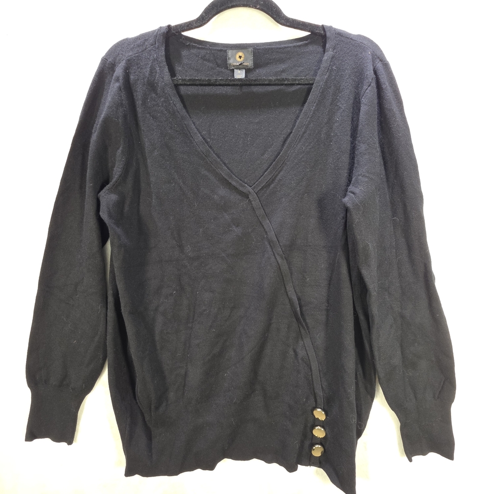 JM Collection Black V-Neck Sweater with Gold Buttons Size Medium